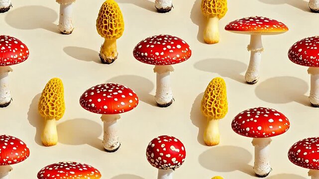 Pattern of red and yellow mushrooms