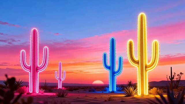 Neon cacti in desert at sunset