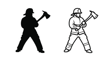 Obraz premium Two firefighters wielding axes one in silhouette and one outlined