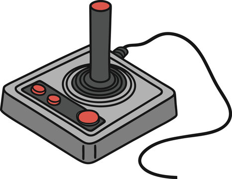 Gray game joystick with red buttons and cord controller