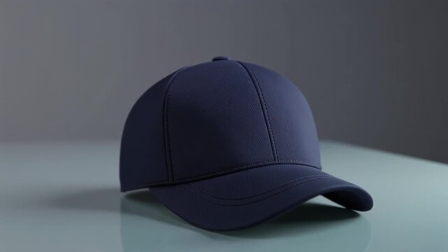 navy snapback hat mockup, embroidered logo, realistic fabric texture, soft studio lighting, top-down slight rotation, minimal gradient background, 4k loopable commercial video