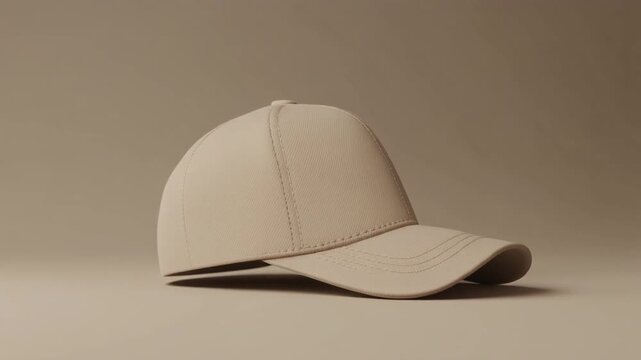 beige snapback hat mockup, embroidered logo, realistic fabric texture, soft studio lighting, slow orbit from bottom-up angle, minimal clean background, 4k loopable video