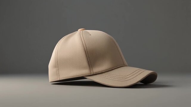 beige snapback hat mockup, embroidered logo, realistic fabric texture, soft backlight highlighting edges, slow rotation, minimal gray background, professional 4k loopable video