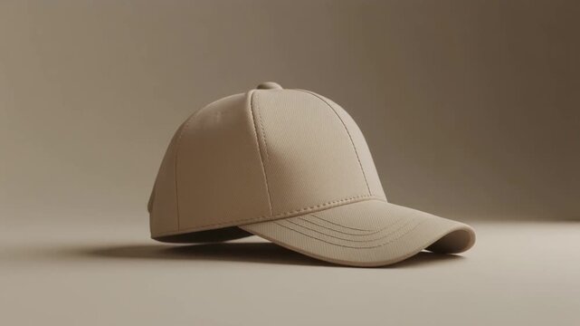 beige snapback hat mockup, embroidered logo, realistic fabric texture, soft top light, subtle tilt orbit camera movement, minimal clean background, smooth loopable 4k commercial video