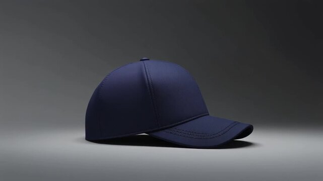 navy snapback hat mockup, embroidered logo, realistic fabric texture, subtle spotlight moving diagonally across surface, soft studio lighting, minimal clean background, 4k loopable commercial video