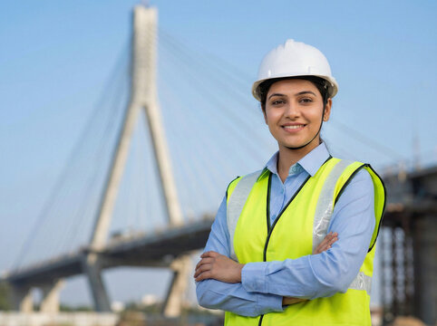 female civil engineer standing with arms crossed in front of cable stayed bridge symbolizing engineering expertise infrastructure construction and professional leadership concept