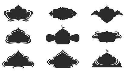 New Islamic Mosque dome silhouette vector set with decorative Arabic frames and crescent moon icons © Tanjum