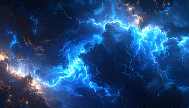 橙の炎と青い雷が交差する宇宙規模の嵐