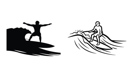 Fototapeta premium Two stylized silhouettes depict surfers riding ocean waves
