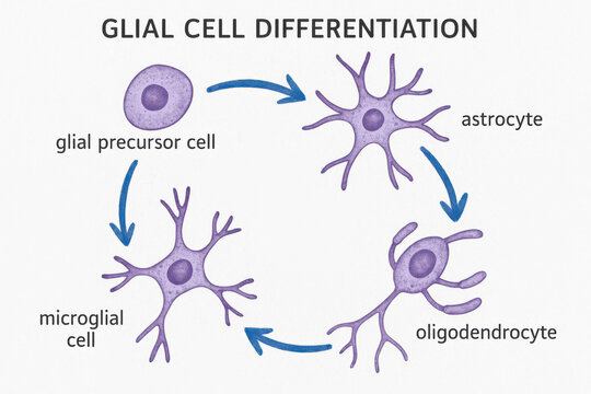 Educational diagram showing glial cell differentiation pathway from precursor to astrocyte, oligodendrocyte, and microglial cell. clear, informative science graphic for biology