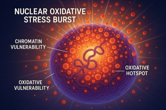 Biomedical visual of nuclear oxidative stress burst showing chromatin vulnerability. This diagram shows an intense oxidative hotspot and particle attack on cell nucleus