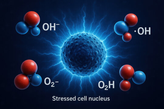 Stressed cell nucleus showing biological damage from oxidative stress. This scientific illustration shows molecular free radical interaction, concept in biology and chemistry