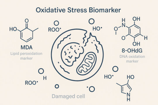 Medical illustration showing concept of oxidative stress. diagram displays cell damage from reactive molecule, key biomarker for health, science and chemistry