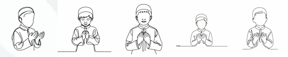 Obraz premium half body line art of a little Muslim boy standing in prayer gesture front view