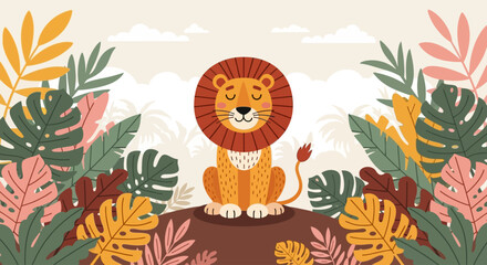 A majestic lion sits regally on a rock surrounded by lush tropical foliage in a serene savannah landscape viewed from a slight elevation © John