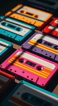 Colorful audio cassette tapes arranged on a surface. Retro music concept from the 80s and 90s, revival culture for entertainment.