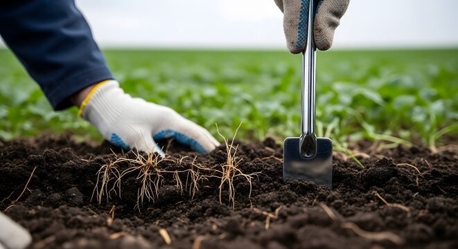 A person wearing gloves is weeding in a field with a small tool