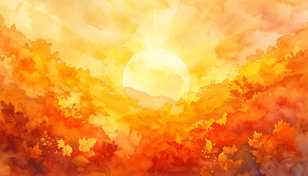 秋の紅葉と中央の太陽　水彩の温かみあるサンセット