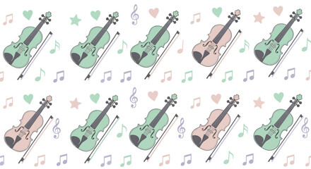 Pattern of violins and music notes in pastel colors viewed from directly above in a seamless design © John