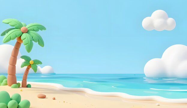 Pastel Beach Paradise with Palm Trees and Soft Clouds