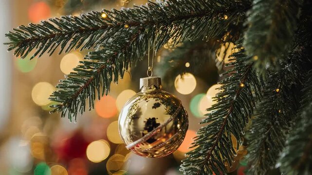 Golden Christmas Ornament on Tree Branch.