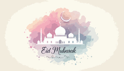 Minimal Mosque Dome Line Illustration with Soft Watercolor Eid Mubarak Design