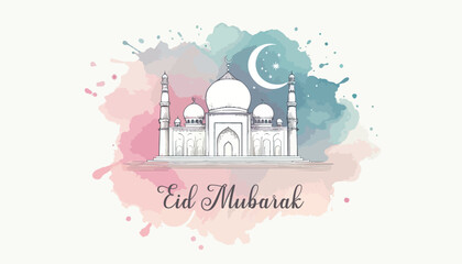 Minimal Mosque Dome Line Illustration with Soft Watercolor Eid Mubarak Design