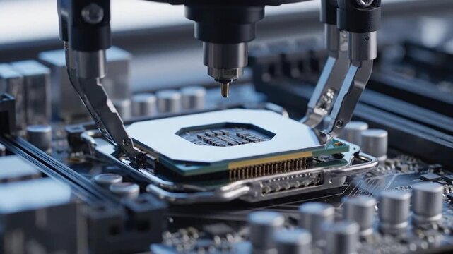 Robotic arm installing a CPU processor on a computer motherboard.