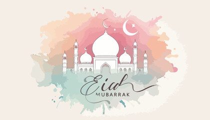 Minimalist Islamic Greeting Card with Mosque Line Art and Artistic Watercolor Wash