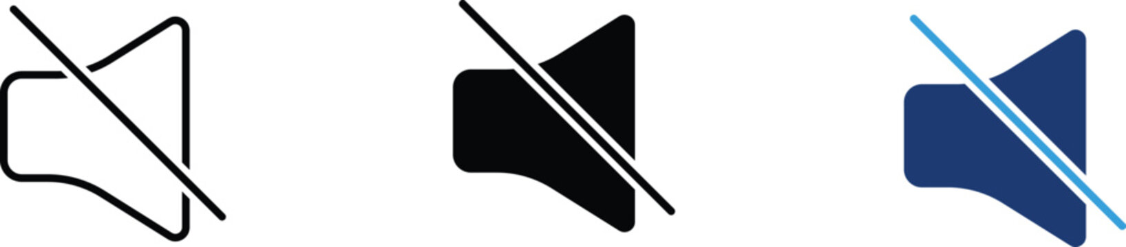 Mute and silent volume icon set. speaker symbol with slash in outline, solid black, and blue styles.