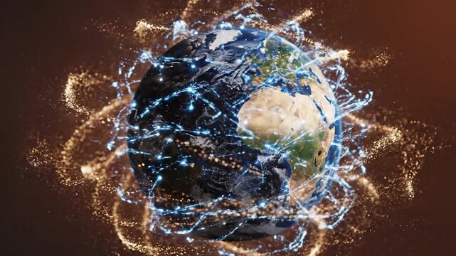 Digital network connections encircle the planet Earth with glowing data streams