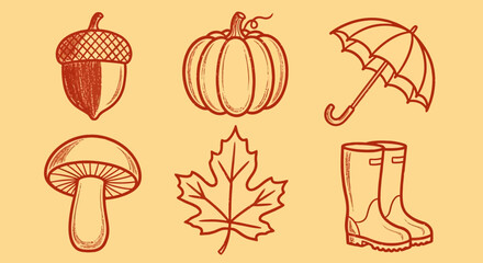 A collection of autumn-themed illustrations featuring a pumpkin, acorn, leaf, mushroom, umbrella, and boots in a vibrant flat design © John