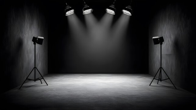 Stage Under the Spotlight: A dark, moody studio scene with several spotlights illuminating an empty stage. Perfect for presentations, showcasing products or anything that need attention. 