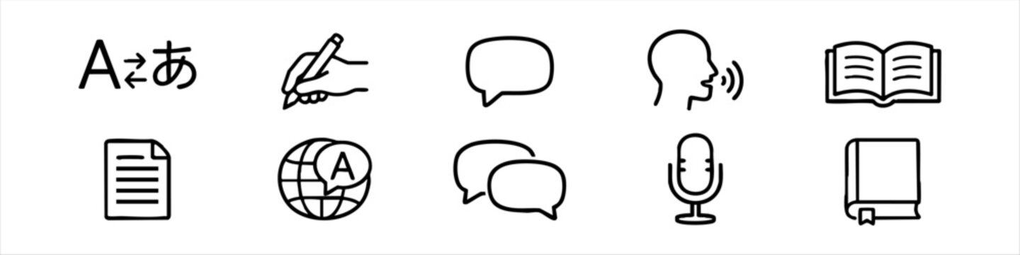 Collection of line icons for language learning, translation services, global communication, reading, and voice recognition on a white background.