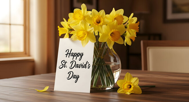St david's day celebration with yellow flowers and card