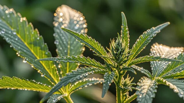 Dew-kissed plant leaf close-animated movie highlighting serrated edges and delicate venation