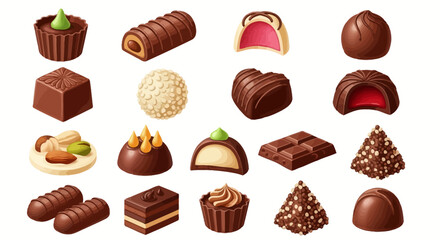 Assorted chocolate candies and sweets displayed on a clean white background from a direct top-down viewpoint