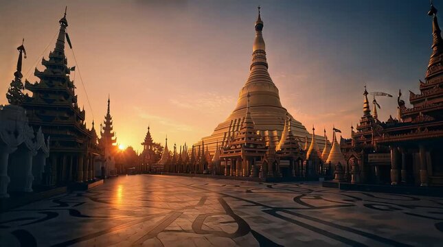 Golden sunset at ancient pagoda complex with intricate architecture