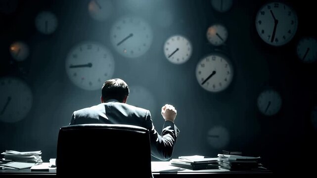 Businessman sitting at desk with clocks on wall in background feeling stressed