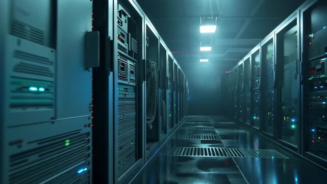 A dimly lit server room with rows of computer servers and illuminated lights