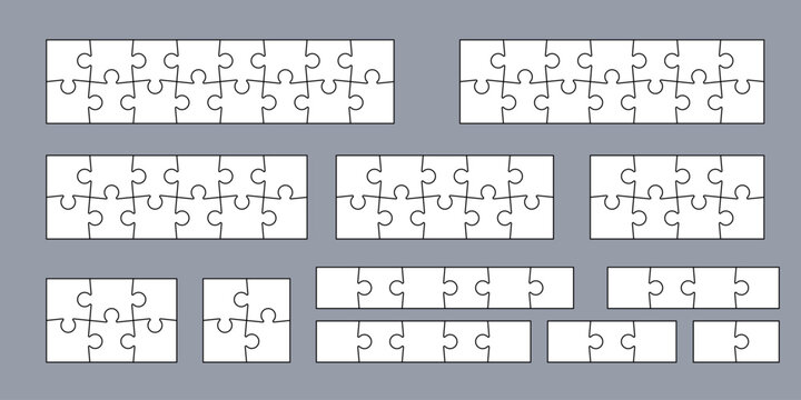Jigsaw puzzle piece set in different sizes. Collection of templates with outline for game, infographic, educational design. Vector jigsaw picture texture collection. Kit of Puzzle grid business chains