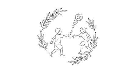 Children Playing Soccer Ball, Olive Branch Wreath, Outline Drawing