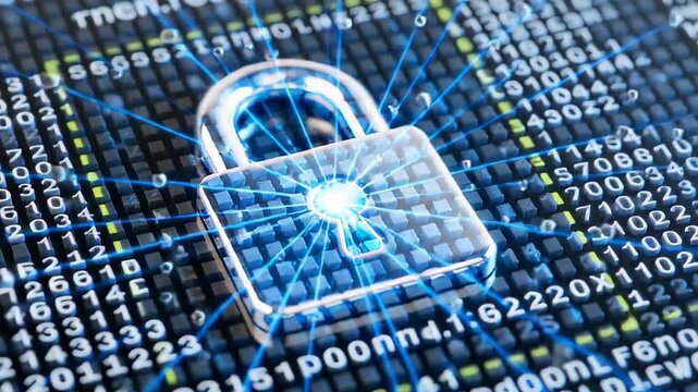 Close-up of a silver padlock against a matrix of binary code representing cybersecurity and digital protection