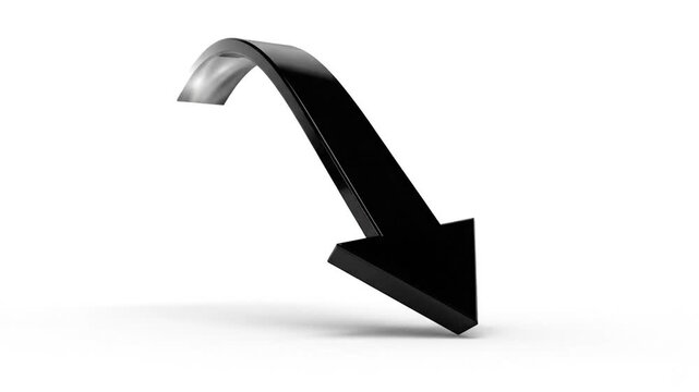 A sleek black three-dimensional arrow curves downwards on a clean white