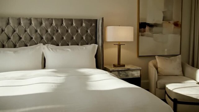 Sunlight streams into a beautifully appointed bedroom with a large comfortable