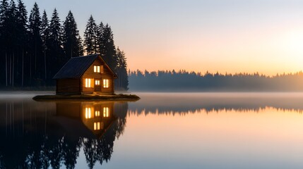 Obraz premium Serene Lakeside Cabin: A cozy cabin on the tranquil shore of a placid lake under a soft, picturesque morning sun and tranquil scene.