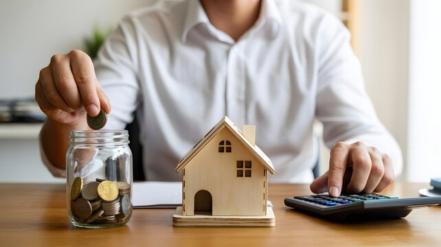 Person calculating and saving money in a jar, symbolizing strategic financial planning for future home ownership, real estate investment, and achieving long-term financial goals