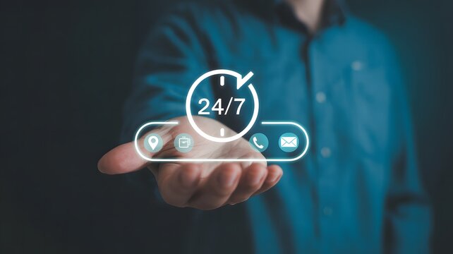 A person holding a digital icon representing 24/7 customer service and support with a futuristic interface