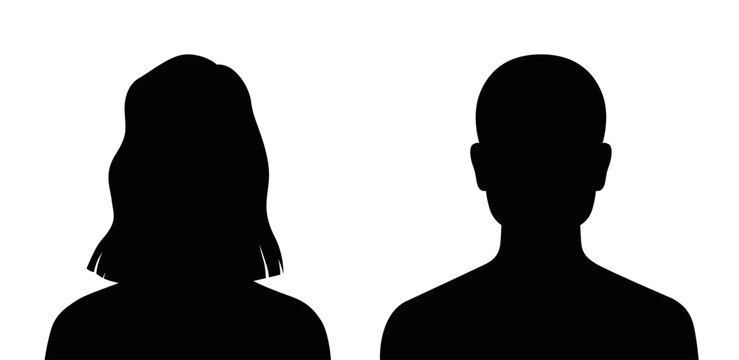 Vector front portrait in black silhouette of a woman and man, avatar illustration