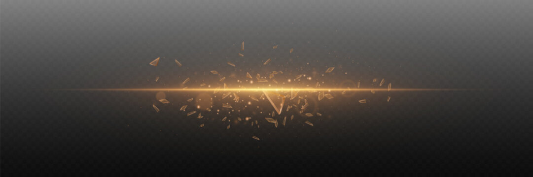 Golden light streak with sparkling glass shards isolated on transparent background